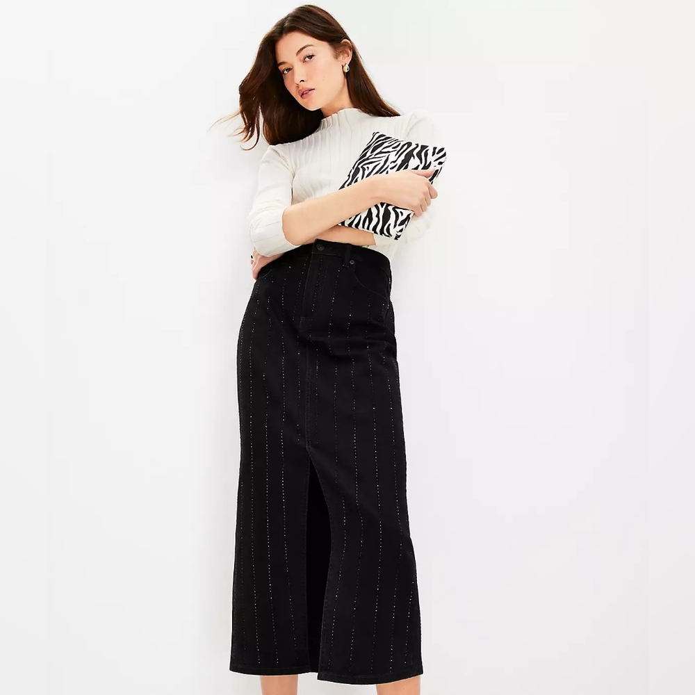 LOFT | Sparkle Pinstripe Denim Midi Skirt in Washed Black